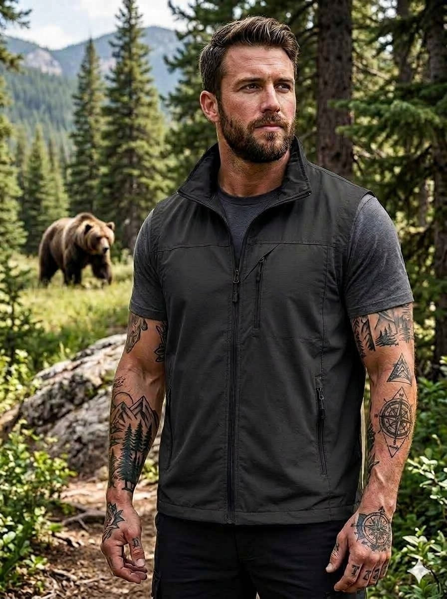 Man with tattoos standing in a forest with a bear in the background big green bear