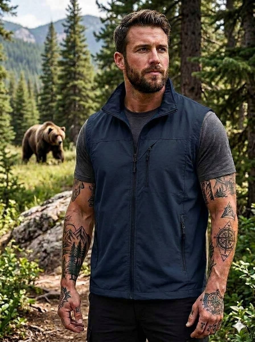 Man with tattoos standing in a forest with a bear in the background big green bear