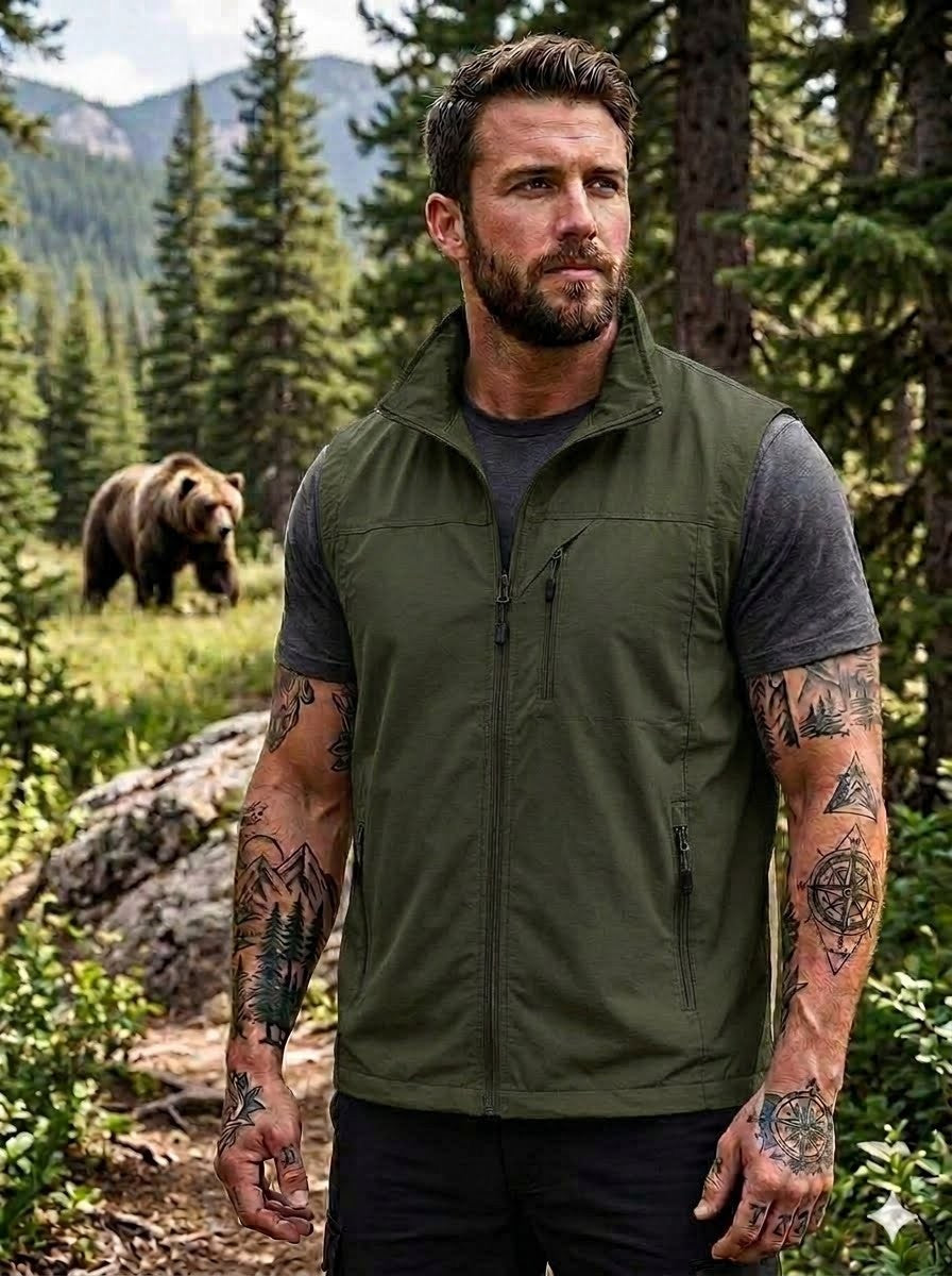 Man wearing a green vest in a forest with a bear in the background big green bear