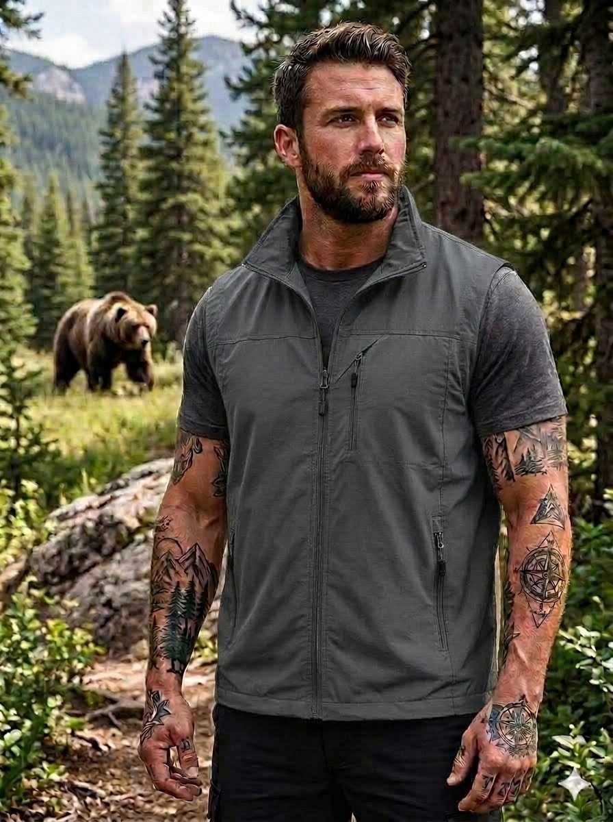 Man wearing a gray vest in a forest with a bear in the background biggreenbear