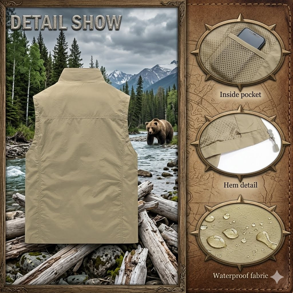 Beige vest with nature background, showing details like inside pocket and hem, and waterproof fabric feature.
