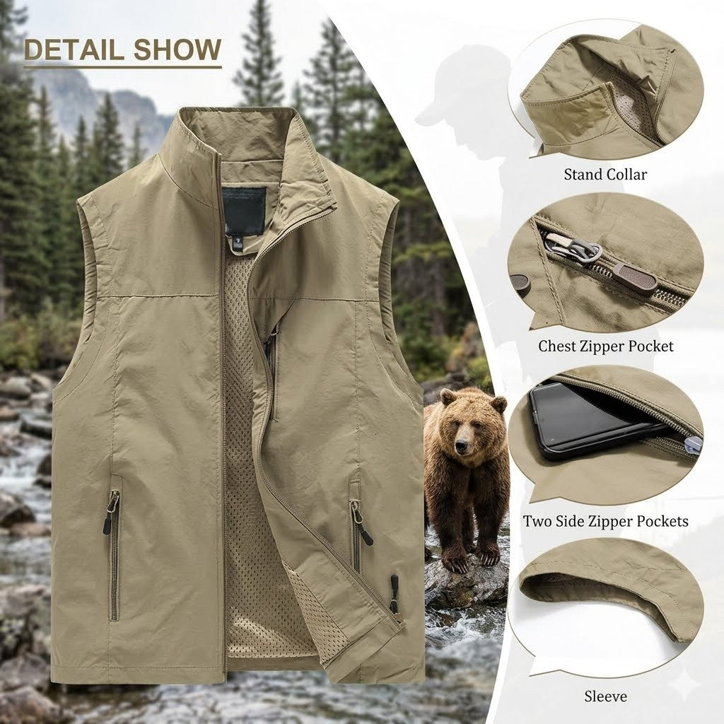Beige vest with features highlighted, including a bear in a natural setting.