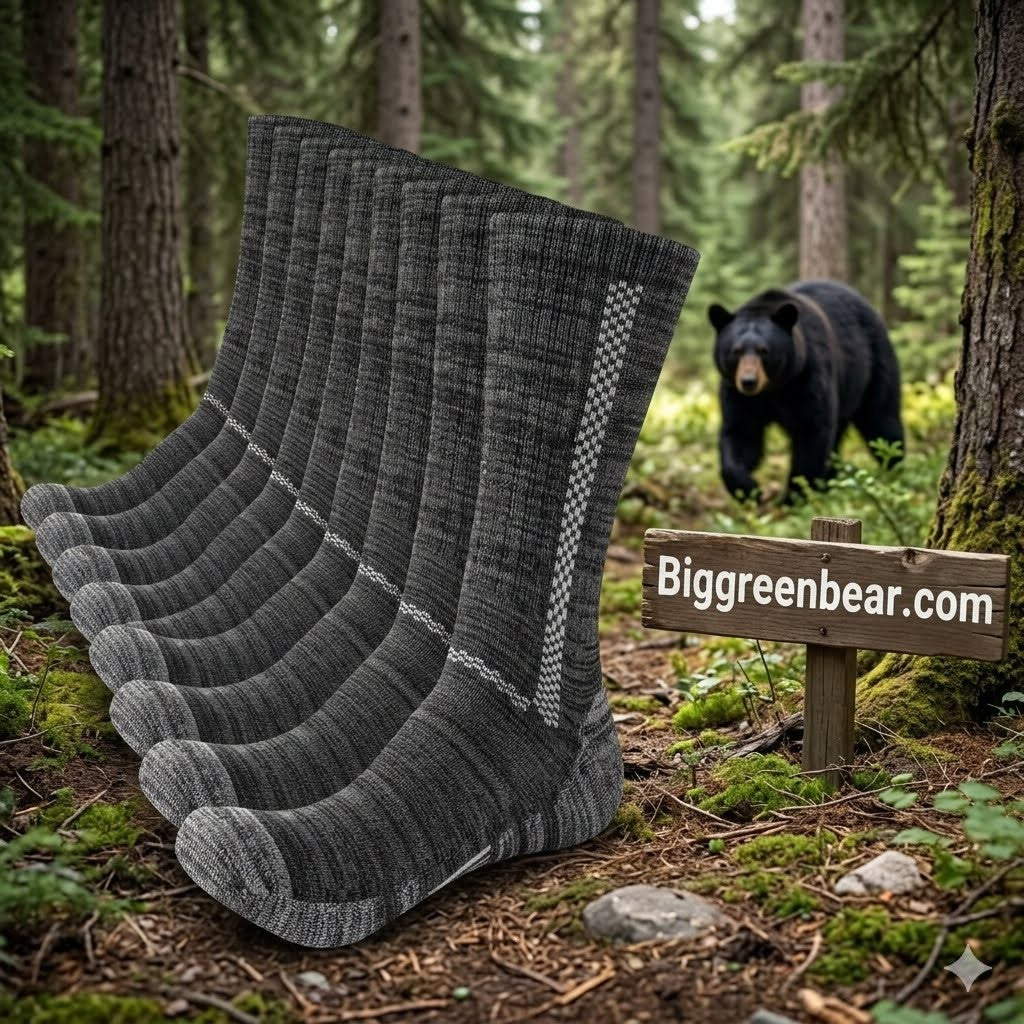 Gray socks with white accents displayed in a forest setting with a bear and a sign for Biggreenbear.com.
