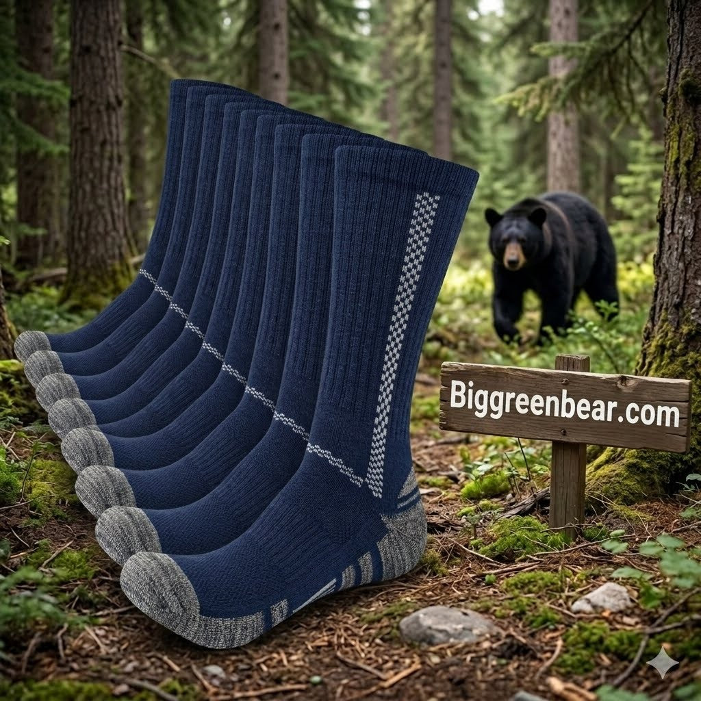 Blue socks with gray toes and heels displayed in a forest setting with a bear and sign. big green bear