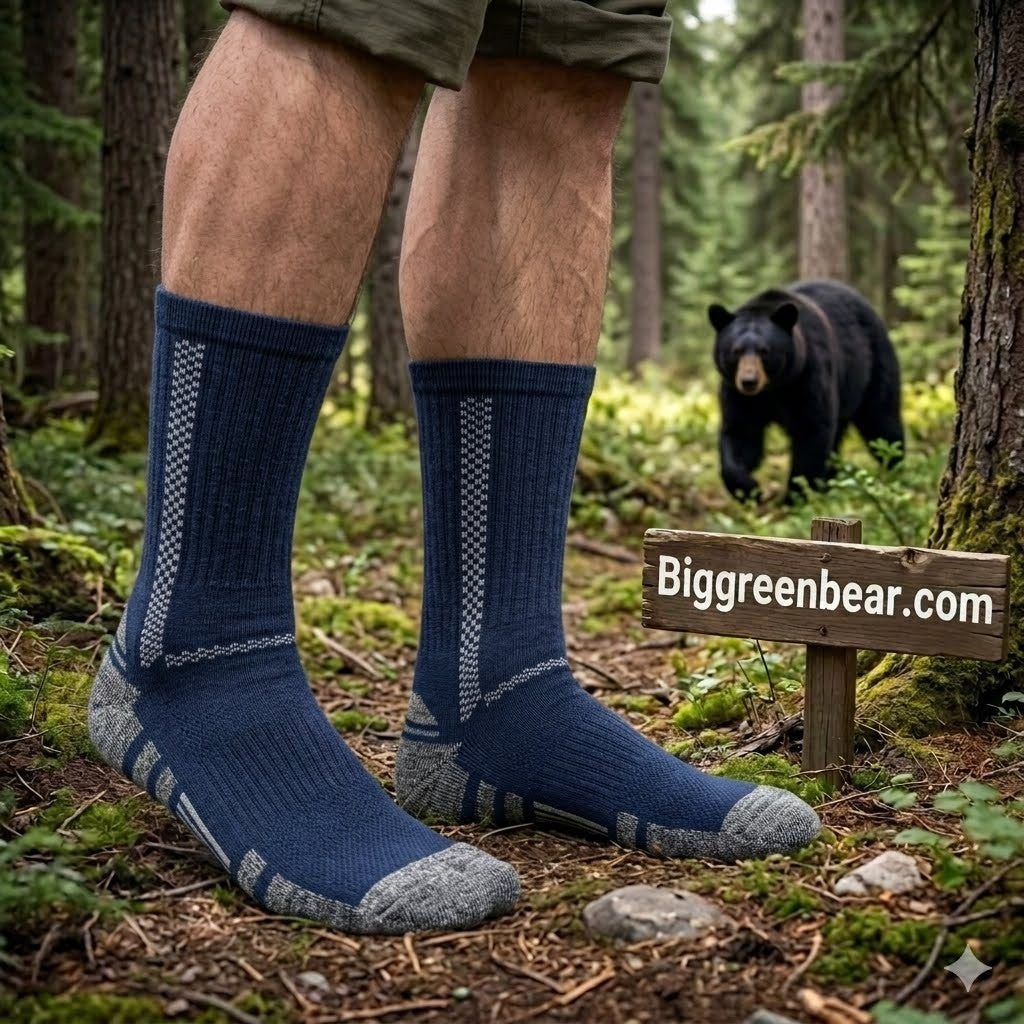 Person wearing blue socks in a forest with a bear and a sign for Biggreenbear.com.