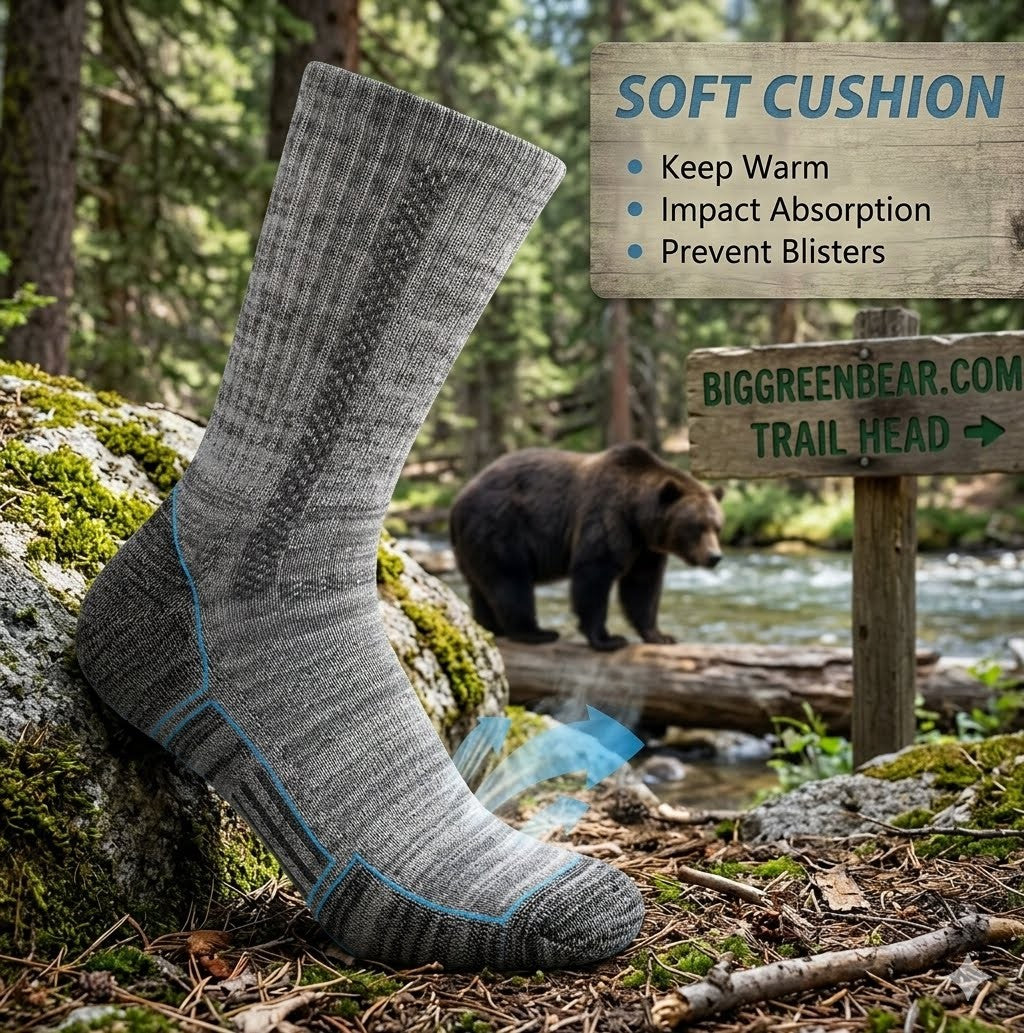 Gray hiking sock with blue accents on a rock in a forest setting, bear and trailhead sign in the background.