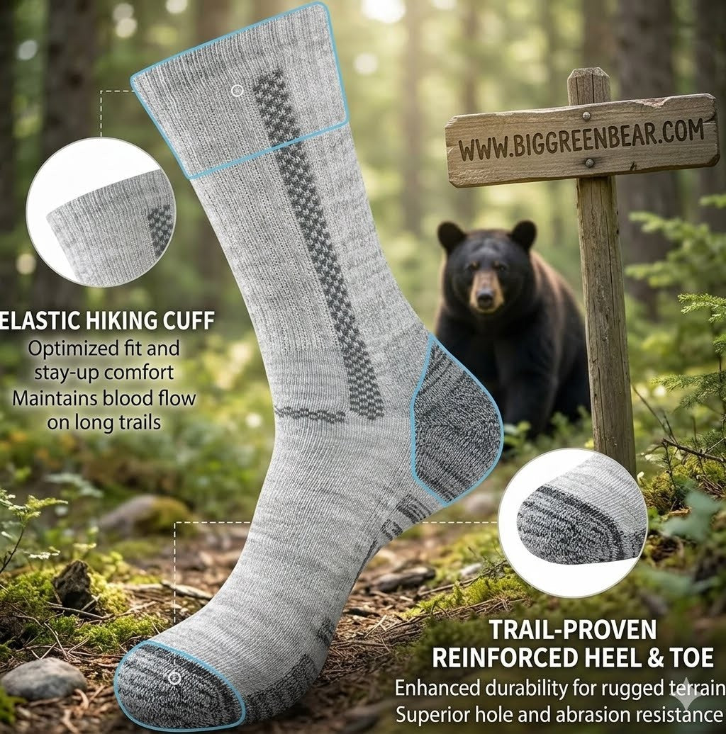 Gray hiking sock with text highlighting features, bear in the background