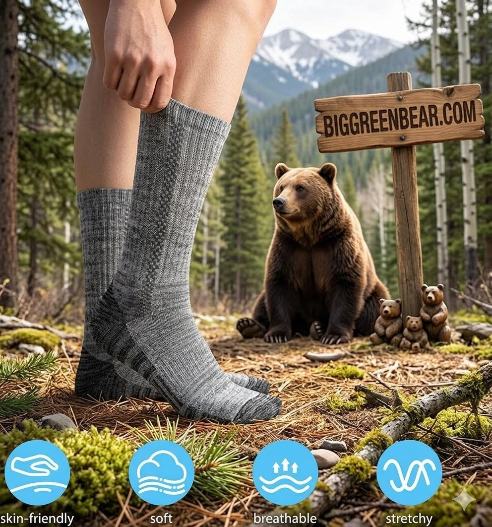 Person wearing gray socks with a bear and wooden sign in a forest setting, featuring Big Green Bear branding.