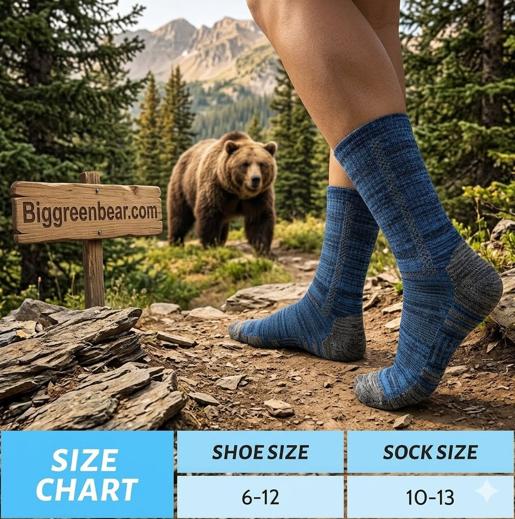 Person wearing blue socks with a bear and mountain background, featuring Biggreenbear.com.