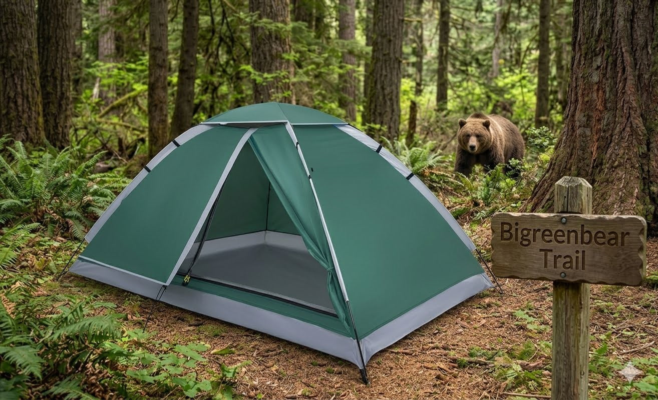 Green tent in a forest with a bear and a signpost in the background