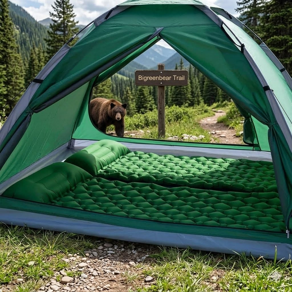 Green camping tent with a bear outside, on a trail sign background