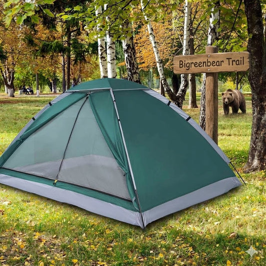 Green camping tent in a forest with a bear and 'Biggreenbear Trail' sign.