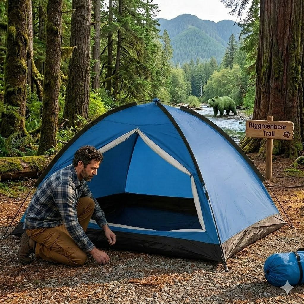 Person setting up a blue tent in a forest with a bear and sign in the background big green bear