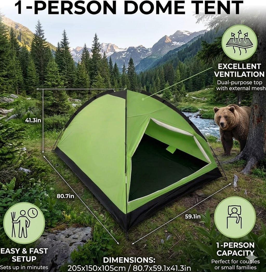 Green dome tent in a forest with a bear, surrounded by trees and mountains.