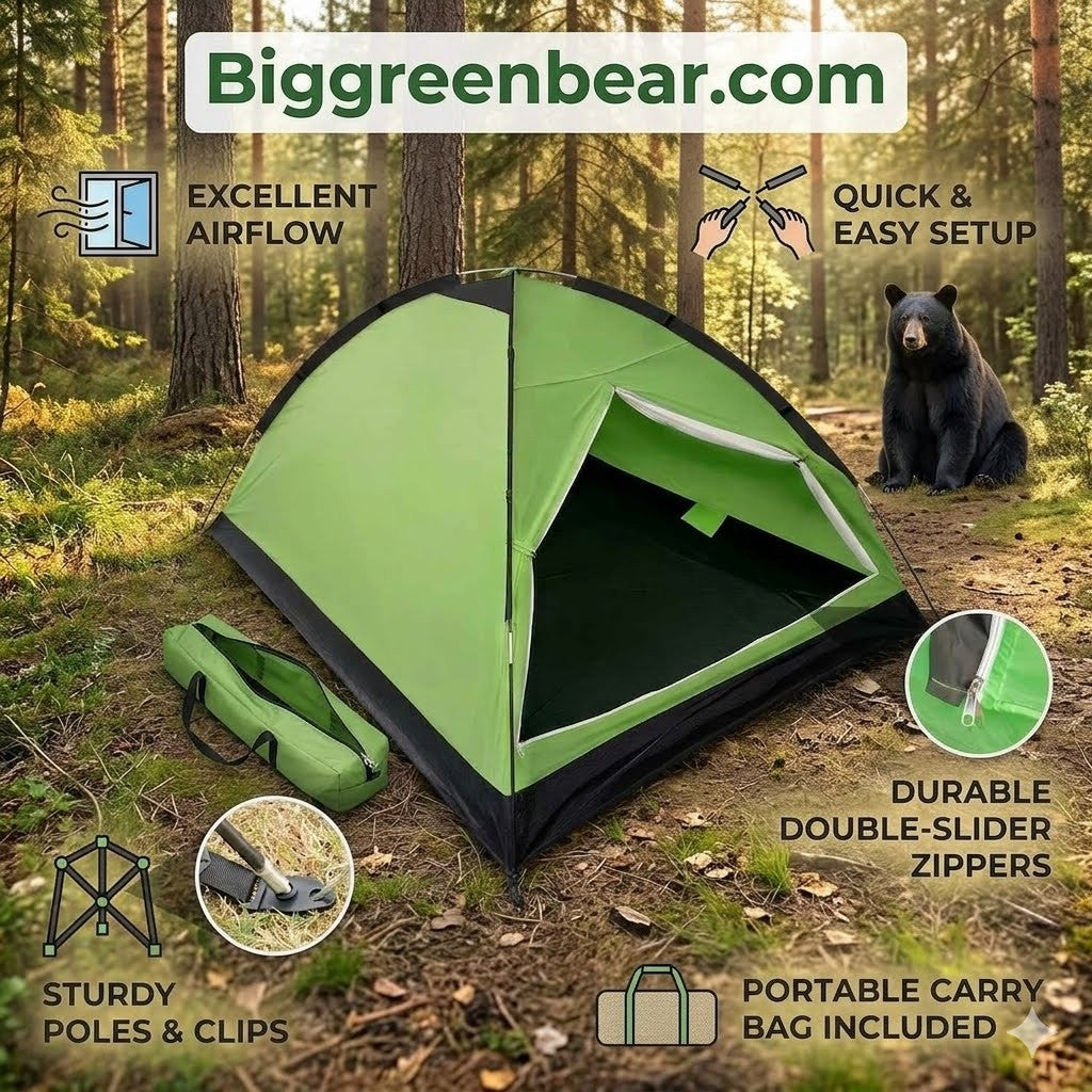 Green camping tent with features highlighted in a forest setting, including a bear.