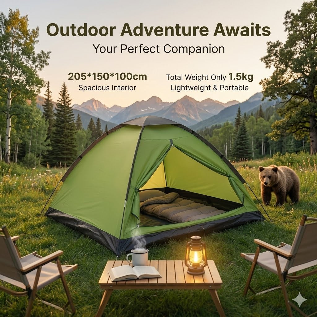 Green camping tent in a natural setting with a bear, chairs, and a lantern.