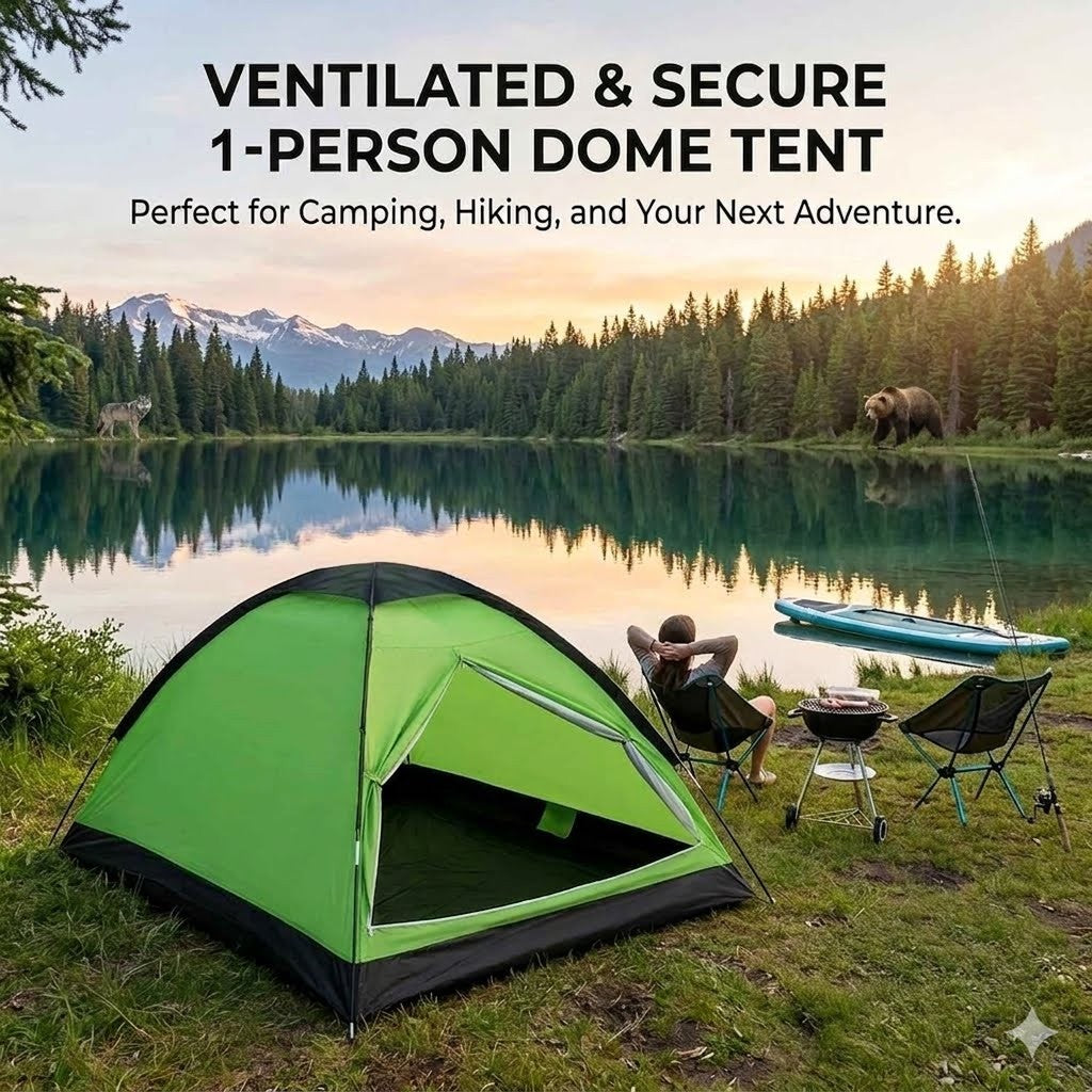 Green 1-person dome tent by a lake with mountains and a bear in the background