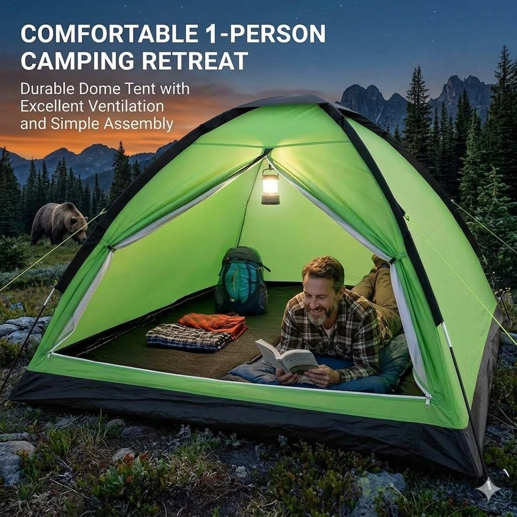 Green camping tent with a person inside, surrounded by nature with mountains and a bear in the background.