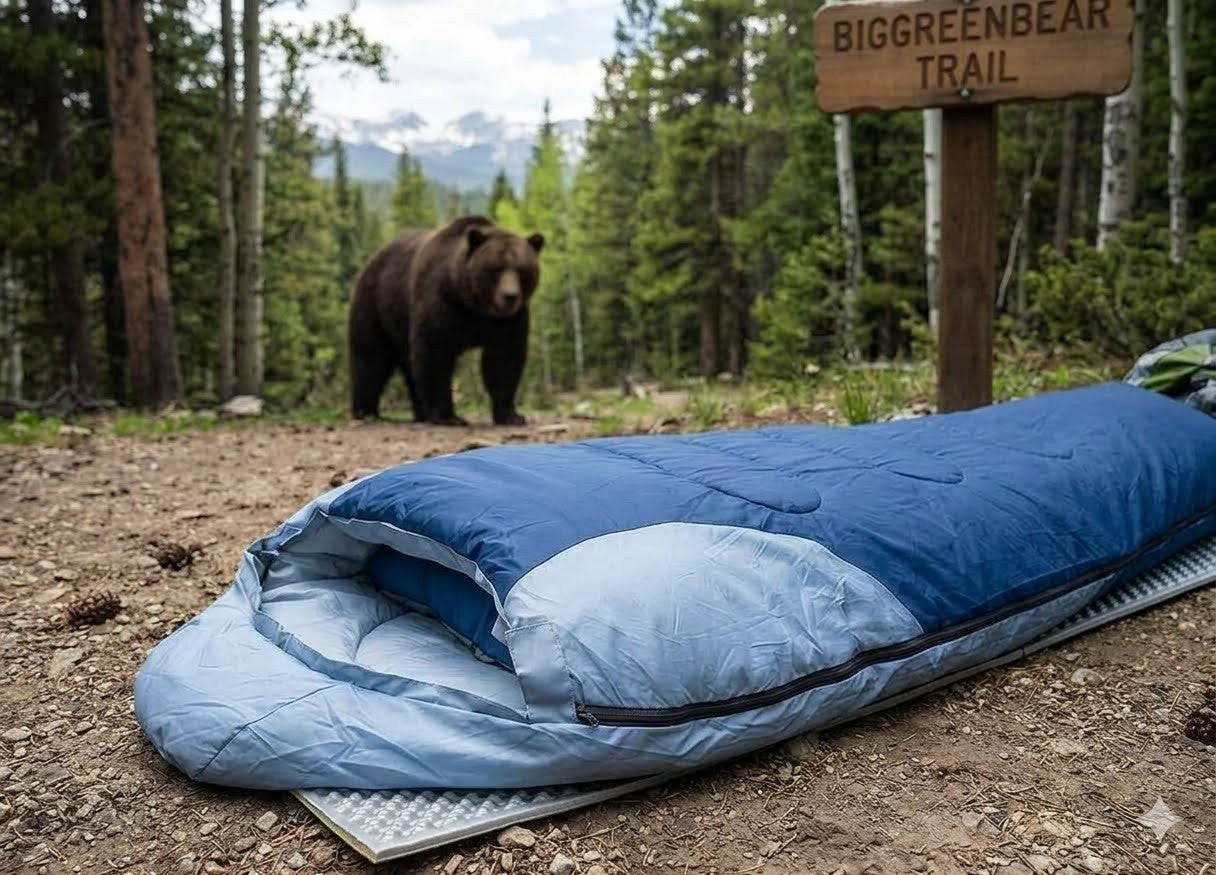 Blue sleeping bag on a forest floor with a bear and 'BIGGREENBEAR TRAIL' sign in the background.