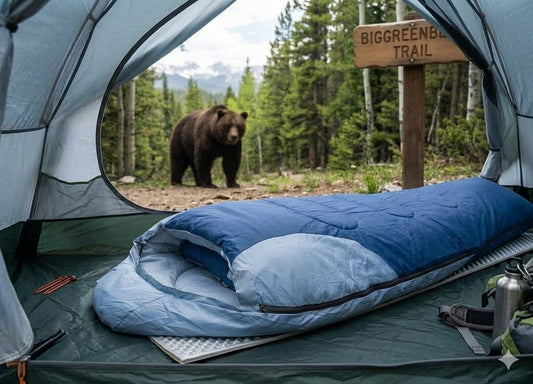 Blue sleeping bag on a camping mat with a bear and 'Biggreenb Trail' sign in the background. big green bear