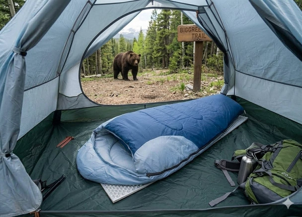 Camping scene with a bear outside a tent, sleeping bag, and backpack inside.