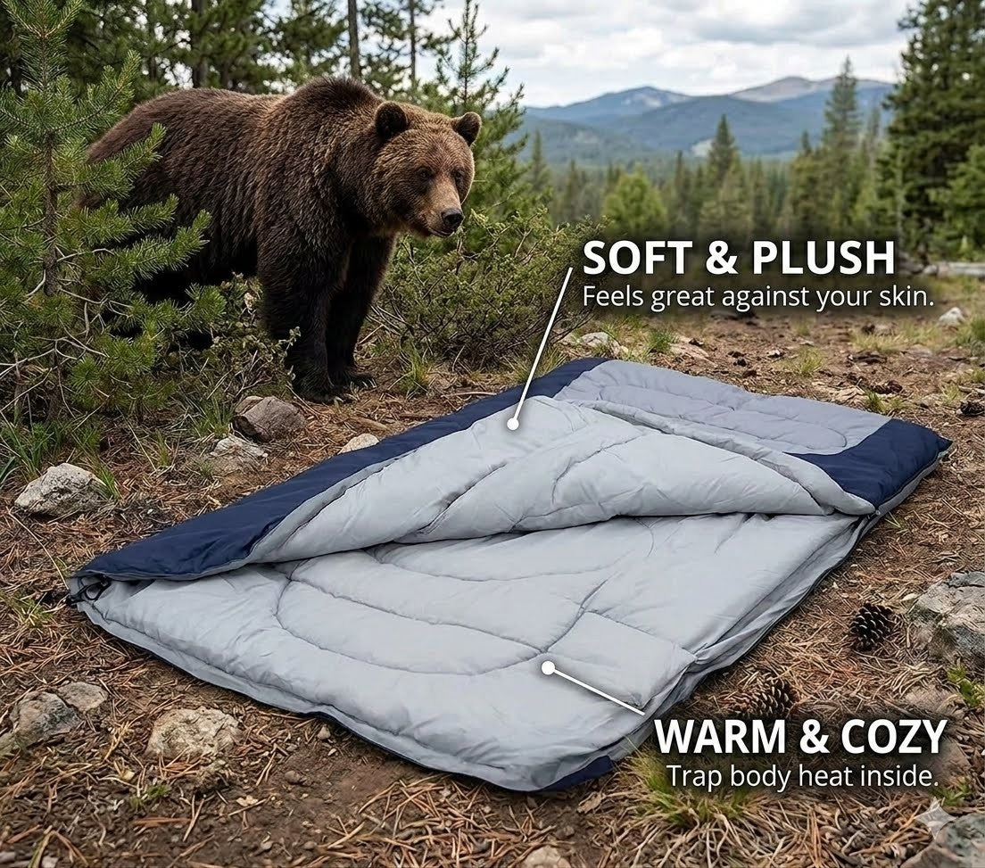 Sleeping bag on the ground with a bear in the background, surrounded by trees and mountains.