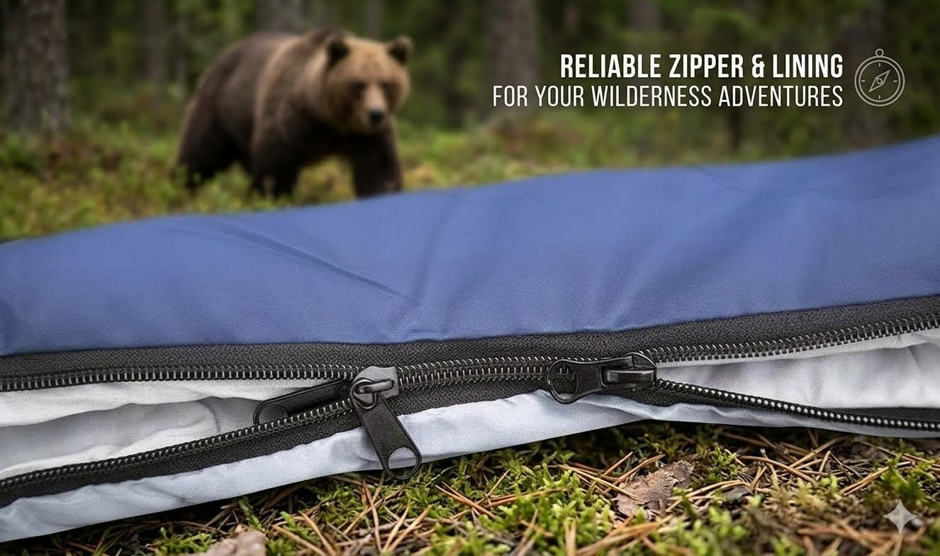 Blue sleeping bag with black zipper on grass, bear in background, text about reliability.