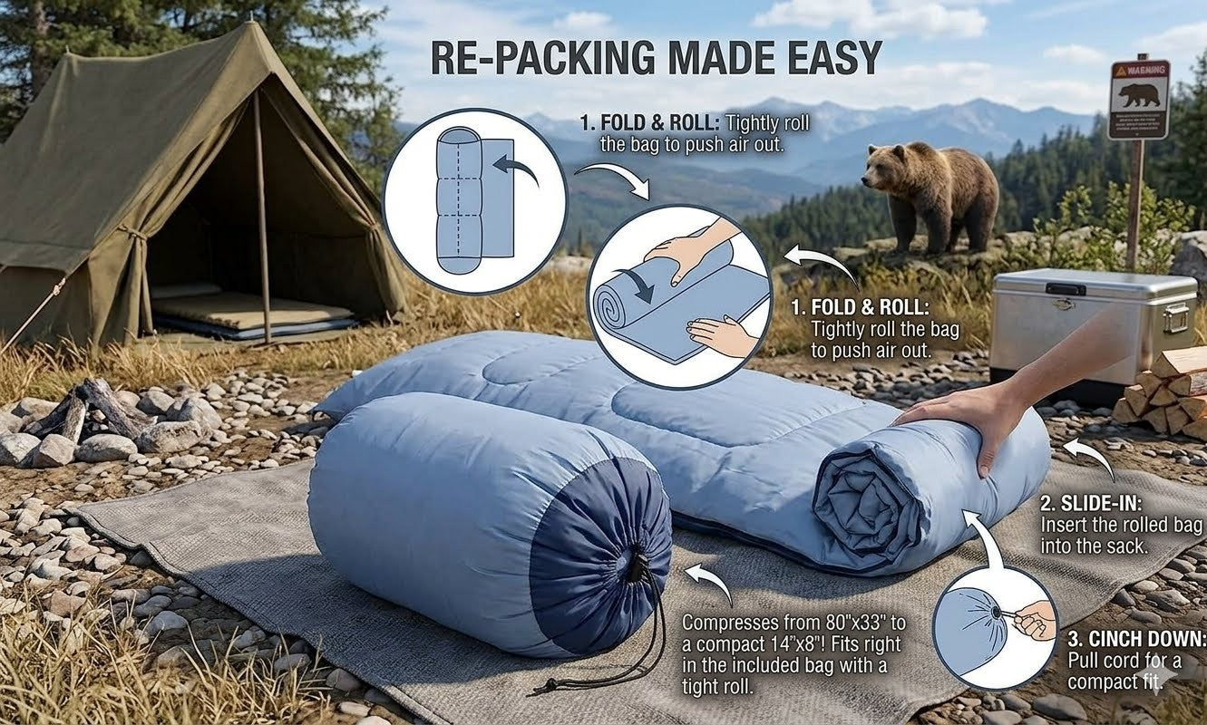 Blue sleeping bag rolled up and compressed, with camping scene and bear in background