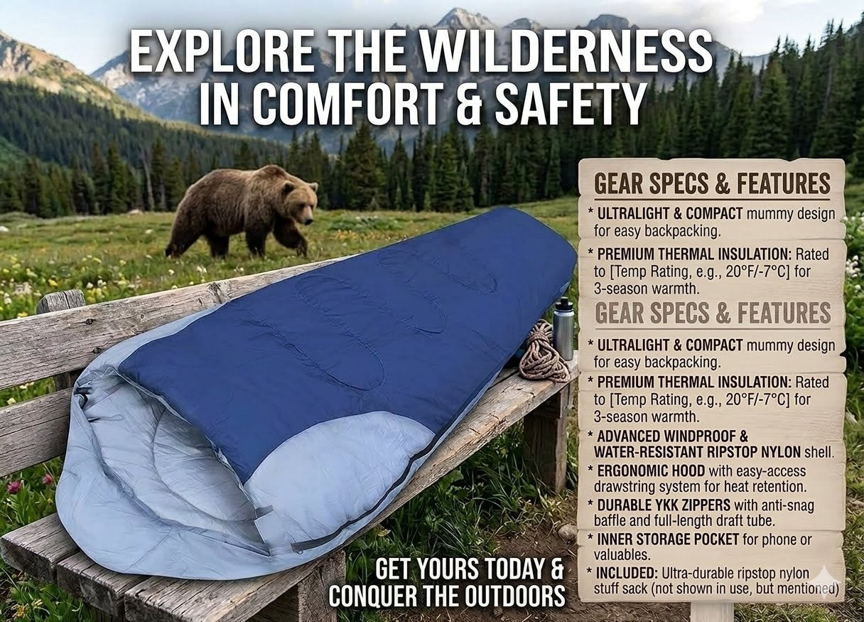Blue sleeping bag on a wooden bench with a bear in the background, promotional text about comfort and safety in the wilderness.