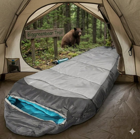 Sleeping bag in a tent with a bear and 'Biggreen Trail' sign in the background Biggreenbear.com