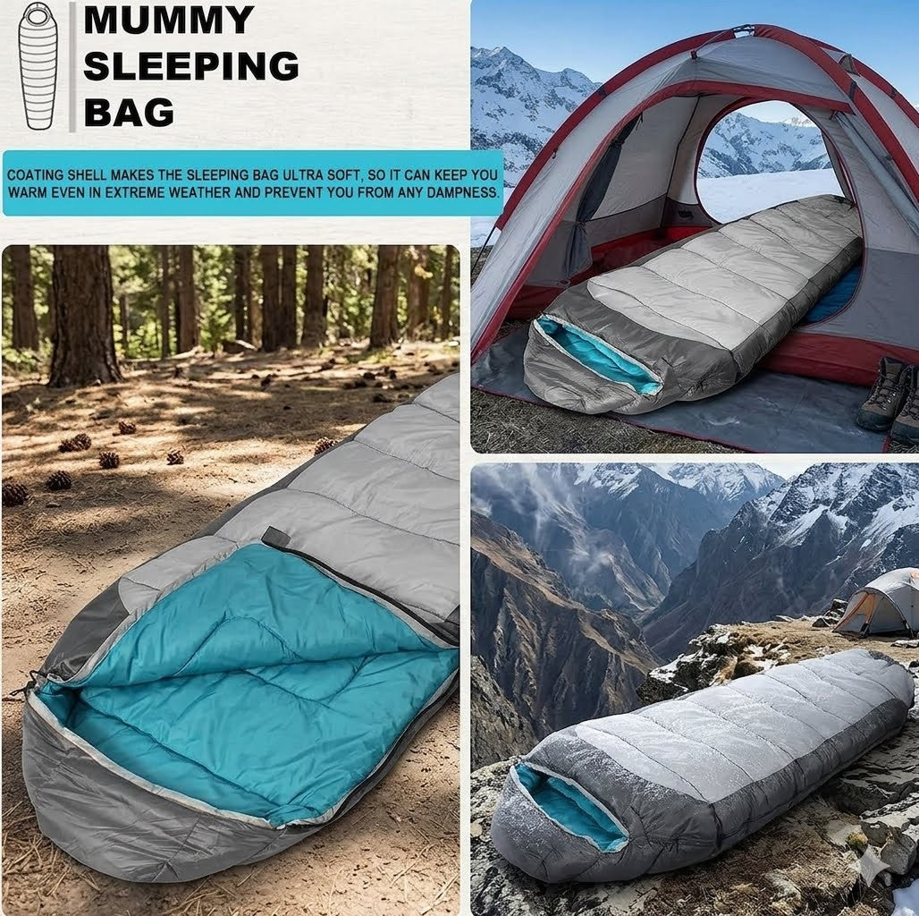 Mummy sleeping bag shown in various outdoor settings with text highlighting its features.