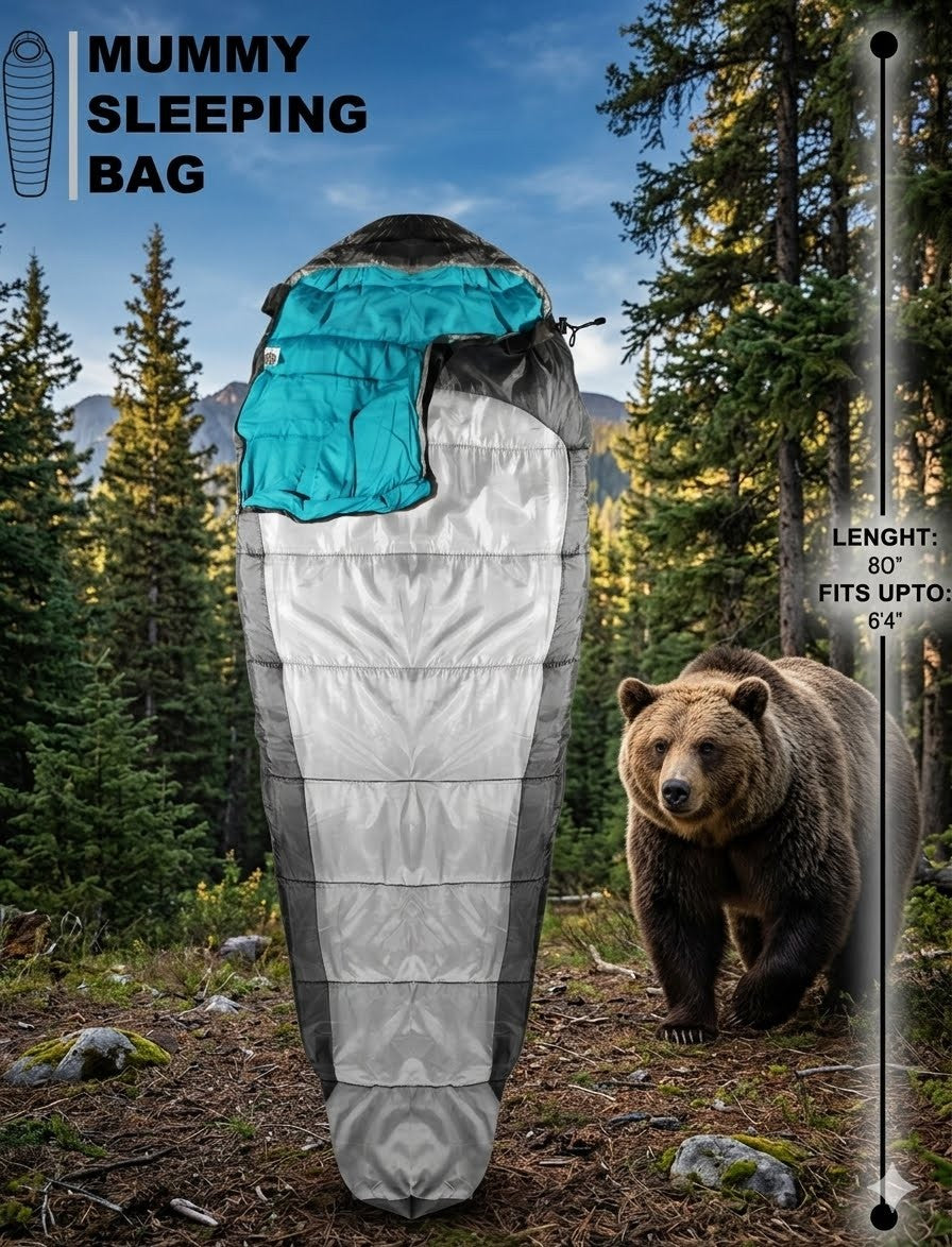 Mummy-shaped sleeping bag with bear and forest background