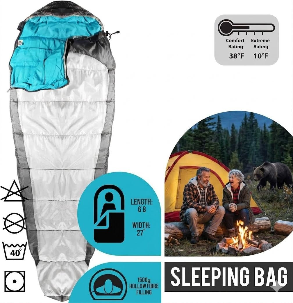 Sleeping bag with specifications and a couple by a tent with a bear in the background