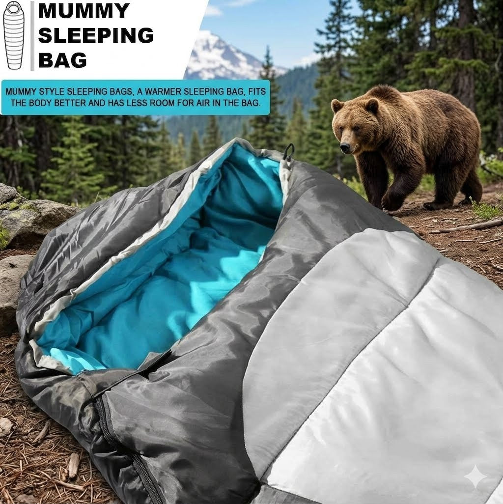 Gray and blue sleeping bag with bear in forest setting