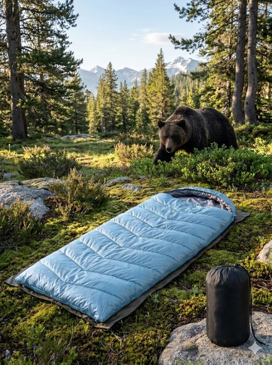 Blue sleeping bag on the ground with a bear in the background in a forest setting big green bear