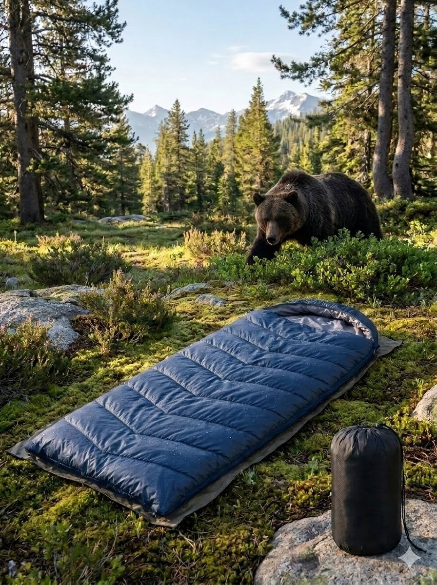 Blue sleeping bag on grass with a bear in the background big green bear