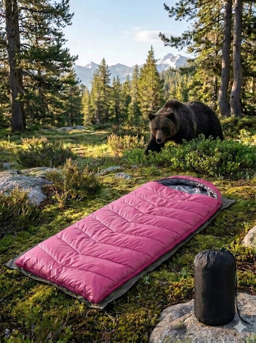 Pink sleeping bag on the ground with a bear in the background in a forest setting big green bear
