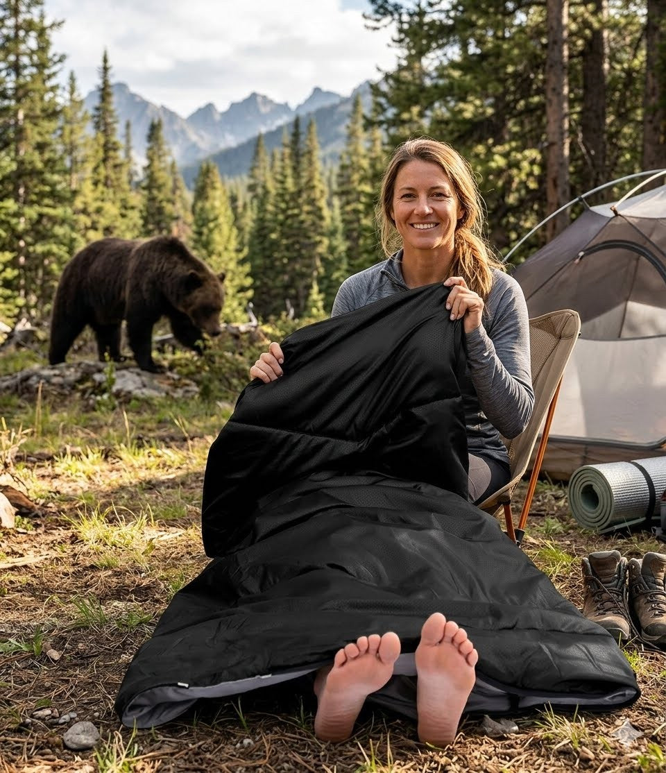 Person sitting outdoors with a bear and tent in the background