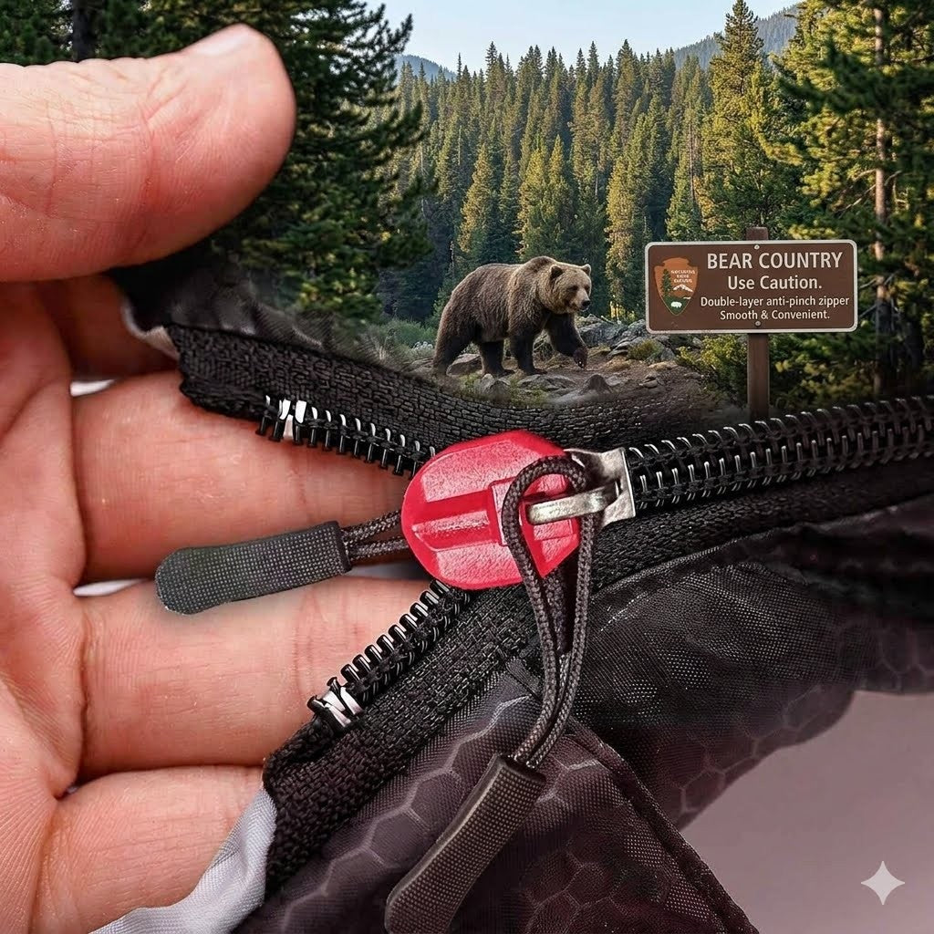 Close-up of a zipper with a bear and forest background