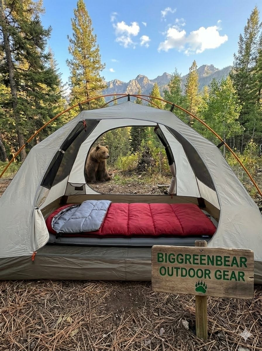 Camping tent with a bear outside, surrounded by trees and mountains, featuring 'BIGGREENBEAR OUTDOOR GEAR' sign.