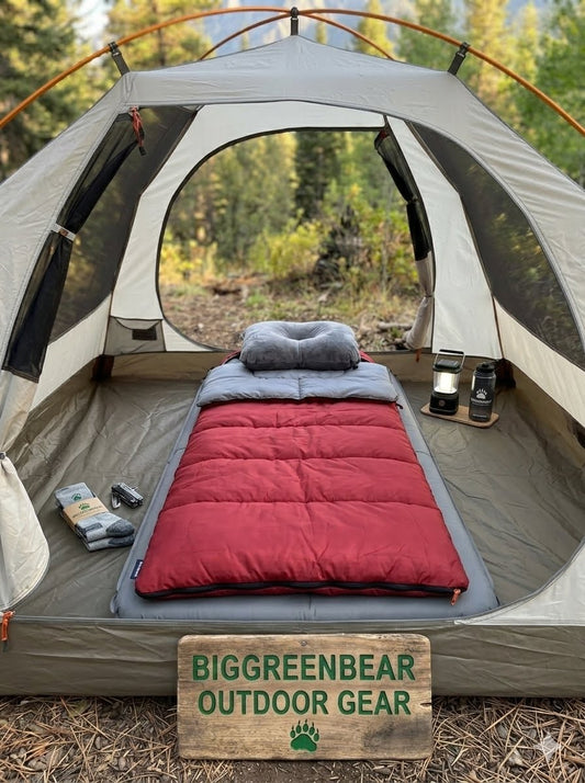 Camping setup with a red sleeping bag, pillow, and camping gear inside a tent with 'Big Green Bear Outdoor Gear' sign.