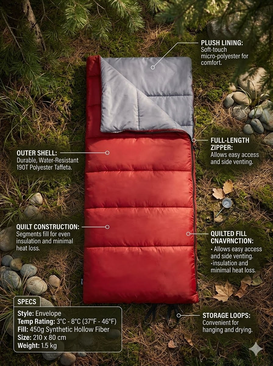 Red sleeping bag with features highlighted on a natural background