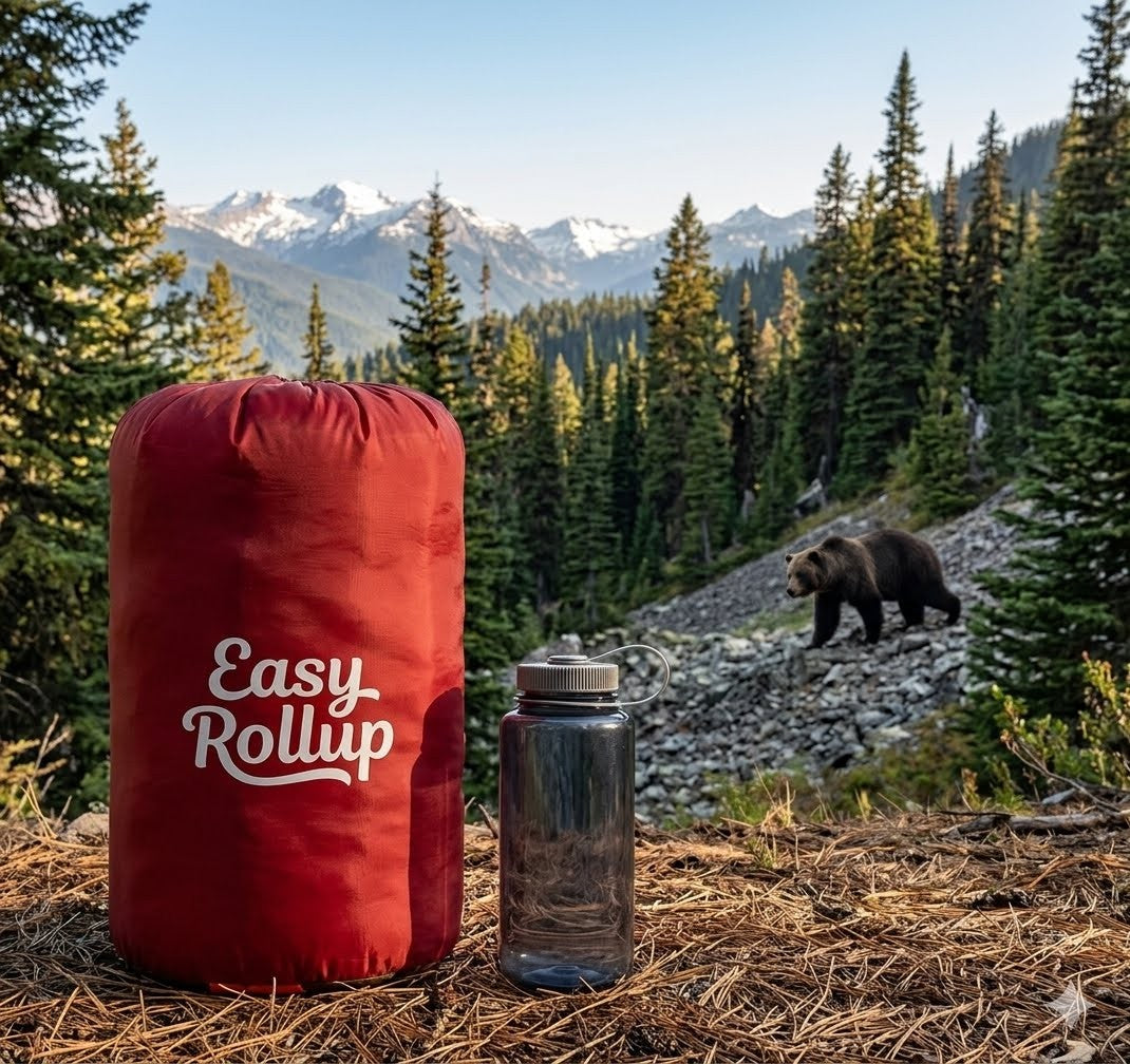 Red 'Easy Rollup' sleeping bag and water bottle with a bear in the background in a forest setting.