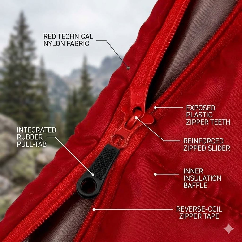 Red technical nylon fabric with labeled features against a mountainous background