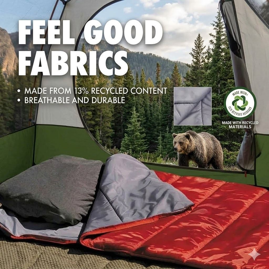 Camping scene with red and gray sleeping bags, bear, and scenic background.