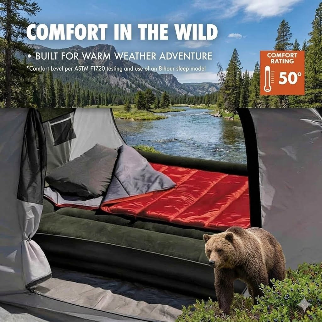 Camping tent with bedding and a bear in a forest setting, featuring text about comfort in the wild.