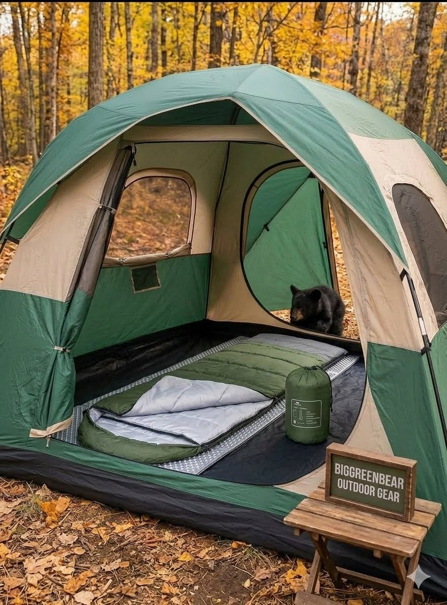 Green and beige tent set up in a forest with a cat inside, surrounded by autumn leaves.