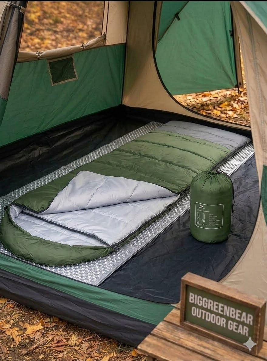 Camping setup inside a tent with sleeping bags and a Biggreenbear outdoor gear sign.