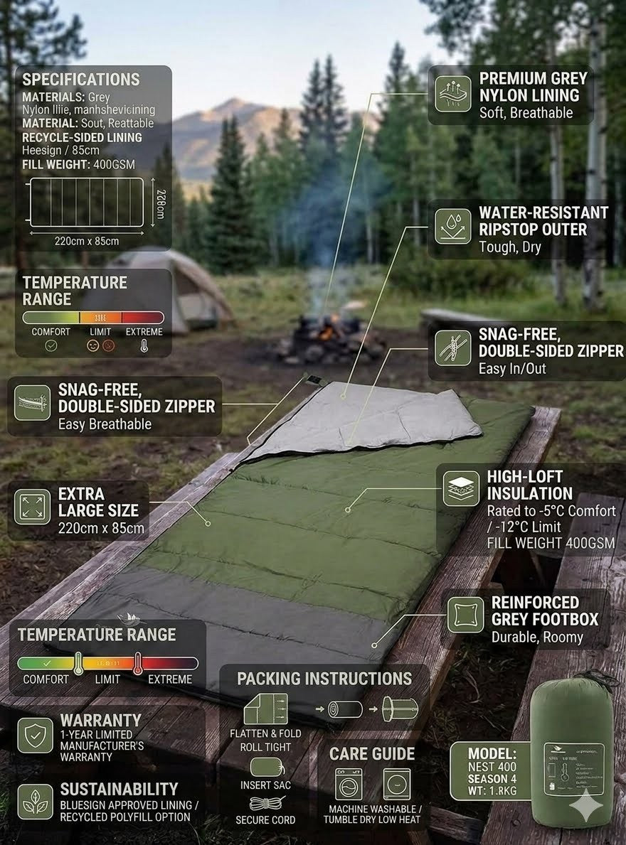 Green sleeping bag with features and specifications displayed on a camping scene background