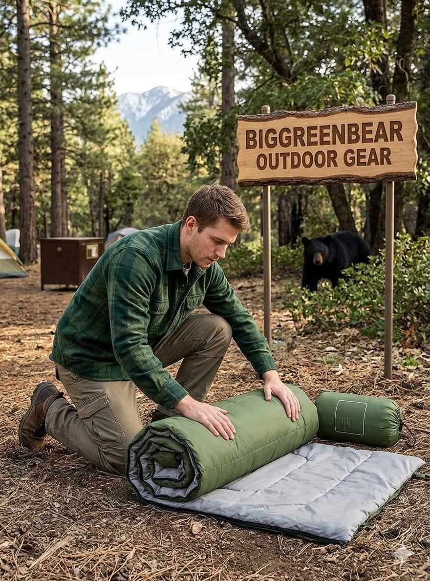 Man setting up camping gear in a forest with 'BIGGREENBEAR Outdoor Gear' sign.